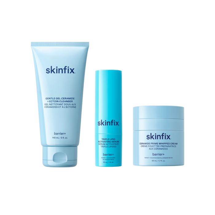 Skinfix Ceramide + Ectoin Gentle Gel Cleanser (150 mL) in mint green, Triple Lipid Activating Serum (30 mL) in teal, and Ceramide Prime Whipped Cream (50 mL) in light blue, on a transparent background.