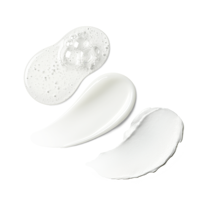 Texture swatches of three Skinfix products — Ceramide + Ectoin Gentle Gel Cleanser (a clear, foamy gel), Triple Lipid Activating Serum (a smooth, silky serum), and Ceramide Prime Whipped Cream (a whipped, white cream) — on a transparent background.