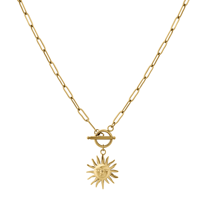 Gold toggle clasp necklace with a sun pendant on a white background