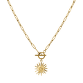 Gold toggle clasp necklace with a sun pendant on a white background