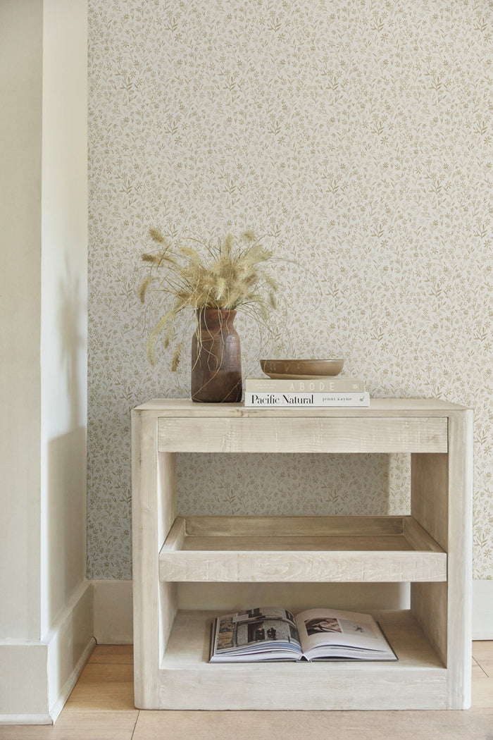 #color::natural | The Sommerville natural wallpaper is in a room with a whitewashed sideboard with two open shelves