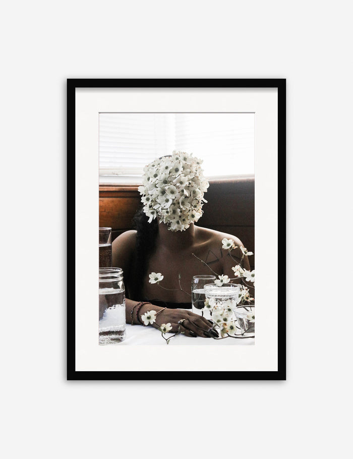 #color::black #size::13.5--x-17.5-- #size::21.5--x-29.5-- #size::25.5--x-35.5-- | Southern Woman in White Dogwoods Photography Print in a black frame that features a woman with a flower-covered face by Ashley Johnson