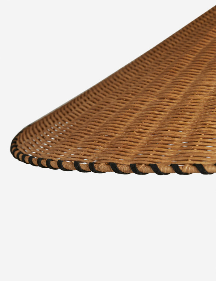 #color::natural #size::25-dia | Close up view of the shade of the Terrene Woven Rattan Pendant by Elan Byrd.