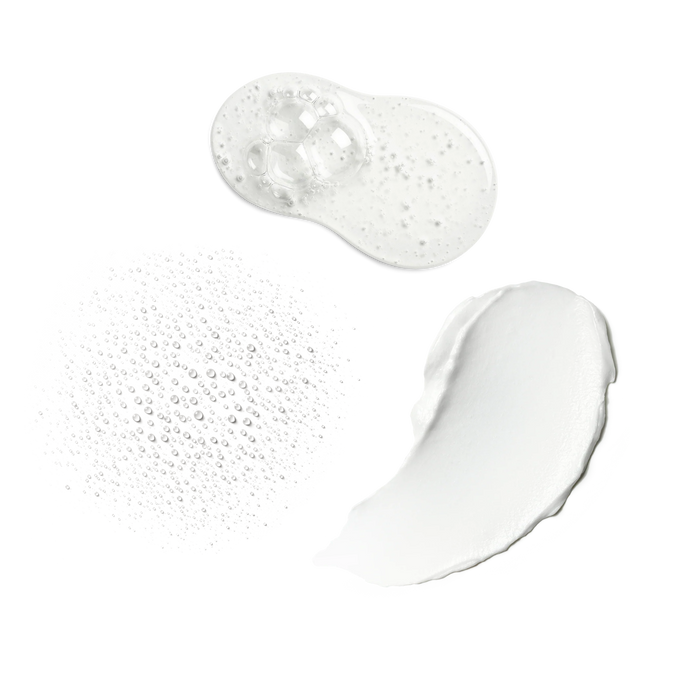 Three skincare textures on light blue background: gel cleanser, misted droplets, and midweight white cream.