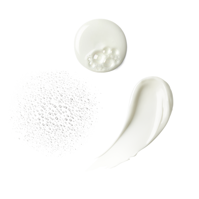 Three skincare textures on transparent background: foaming cleanser, misted droplets, and rich white cream.