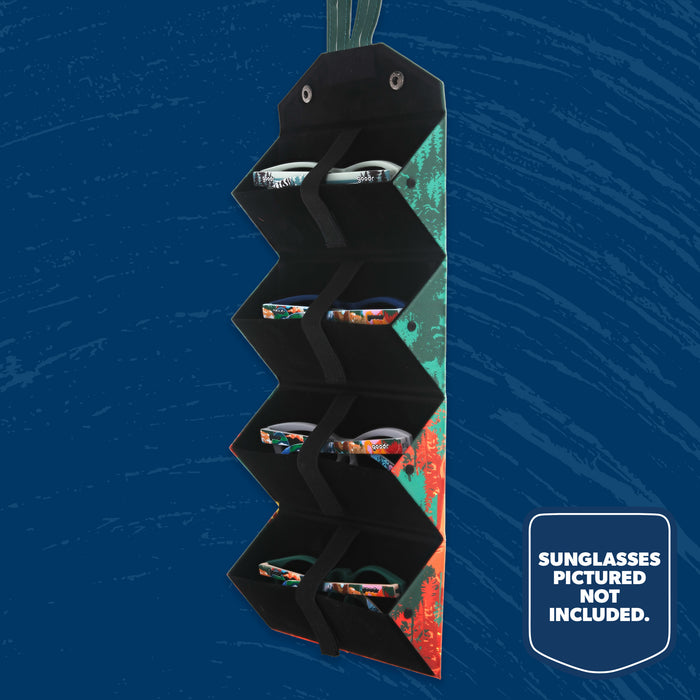 Foldable National Park Foundation & goodr sunglasses case hanging open with four storage pockets. Sunglasses not included.