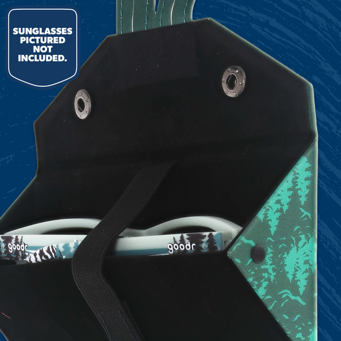 Close-up of the foldable National Park Foundation & goodr sunglasses organizer with elastic storage pockets.