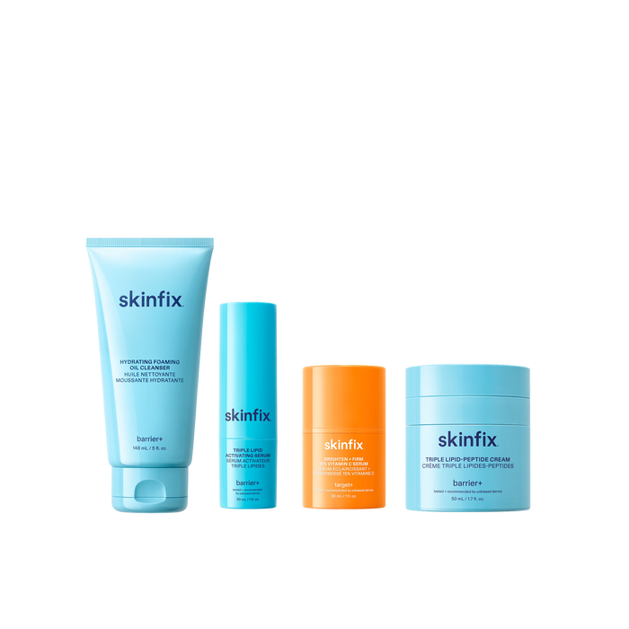 Four Skinfix products: Hydrating Foaming Oil Cleanser, Triple Lipid Activating Serum, Brighten + Firm 15% Vitamin C Serum, and Triple Lipid-Peptide Cream.