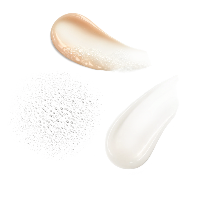 Three skincare textures on transparent background: light pink cleanser, misted droplets, and lightweight water cream.