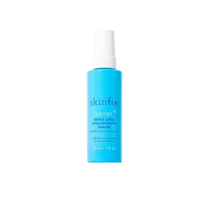 Skinfix Triple Lipid-Hyaluronate Serum bottle, 30 mL, in teal with a white pump, on a transparent background.
